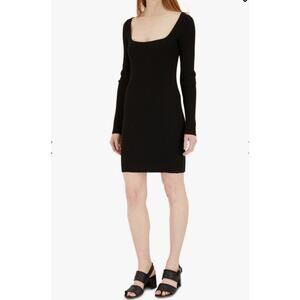 Vince Black Square Neck Knit Dress Long Sleeves Ribbed Mini Dress Size: Medium